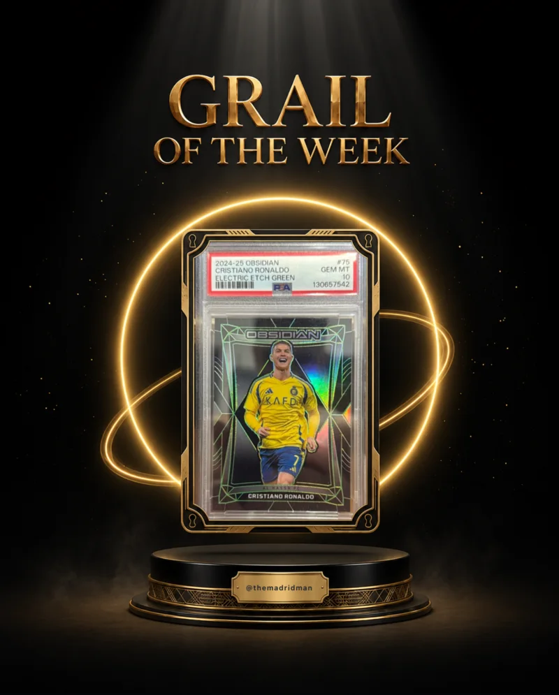 The Grail of the Week hero on the Home screen: a PSA 10 slab on a podium inside a gold ring.