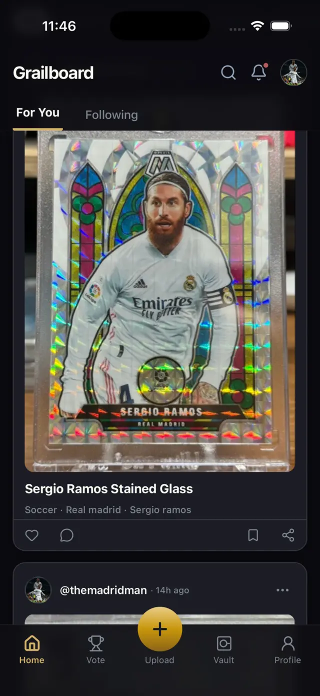 A feed card: Sergio Ramos Stained Glass, Soccer · Real Madrid, with like, comment, bookmark and share actions.