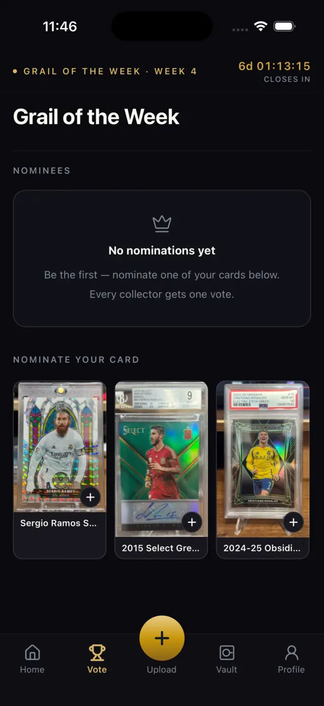 The Grail of the Week vote screen with a countdown, the nominees list, and a row to nominate your own card.