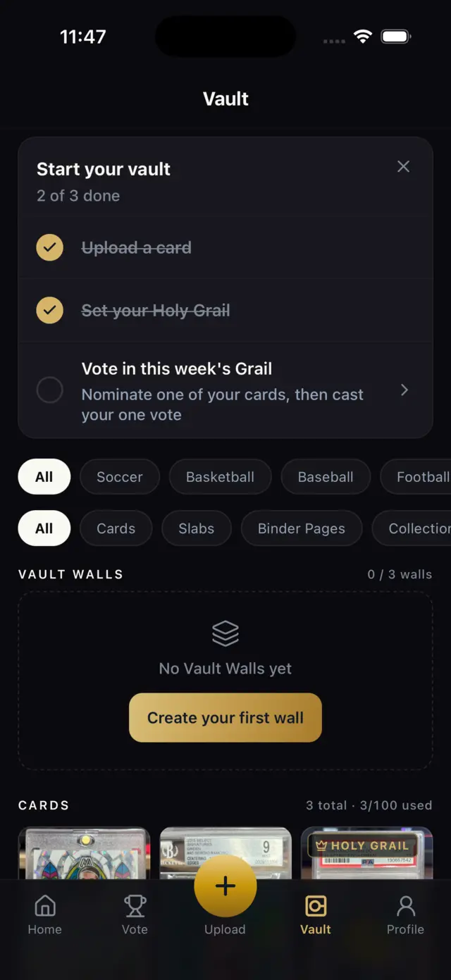 The Vault screen with the onboarding checklist and the Vault Walls section.