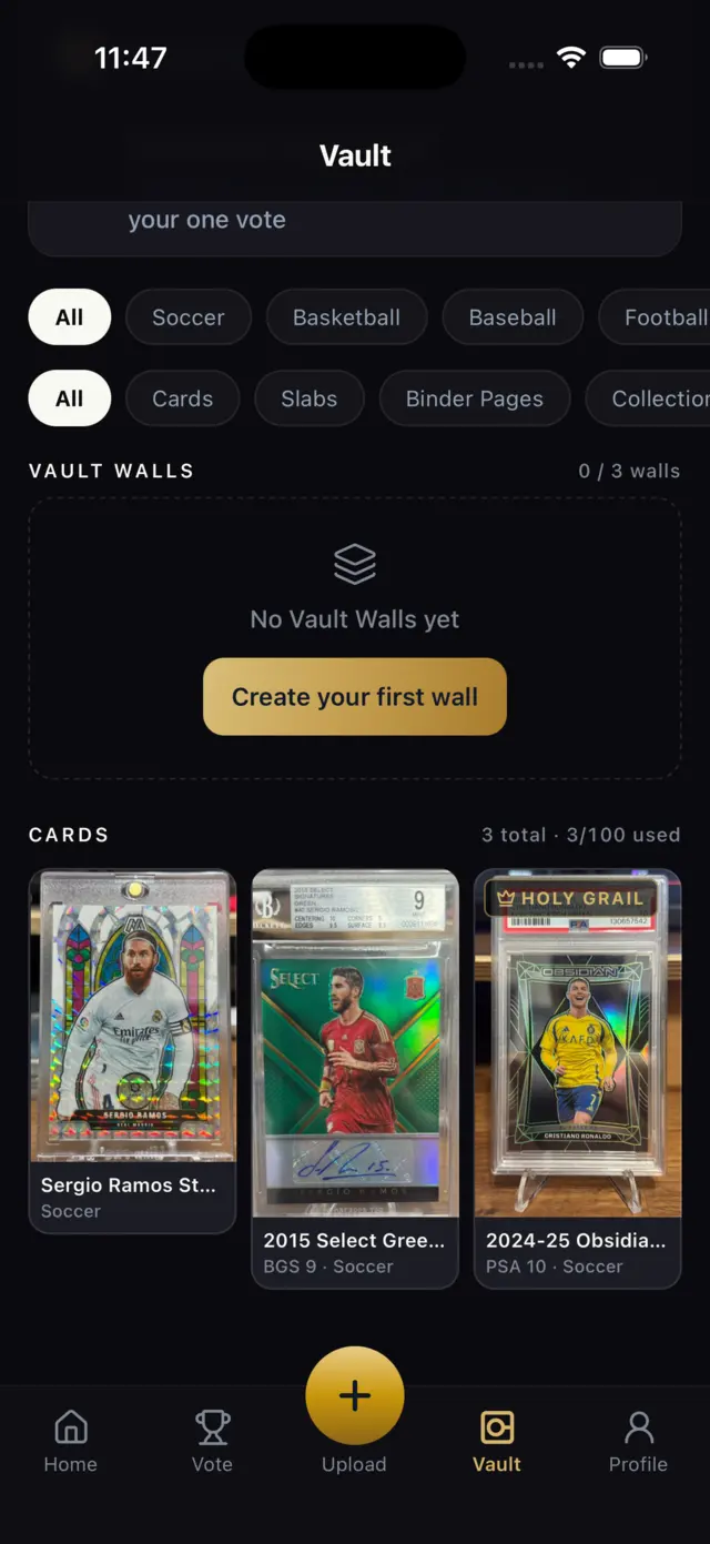 The Vault screen: category and type filters, Vault Walls, and a grid of three cards with their grades.