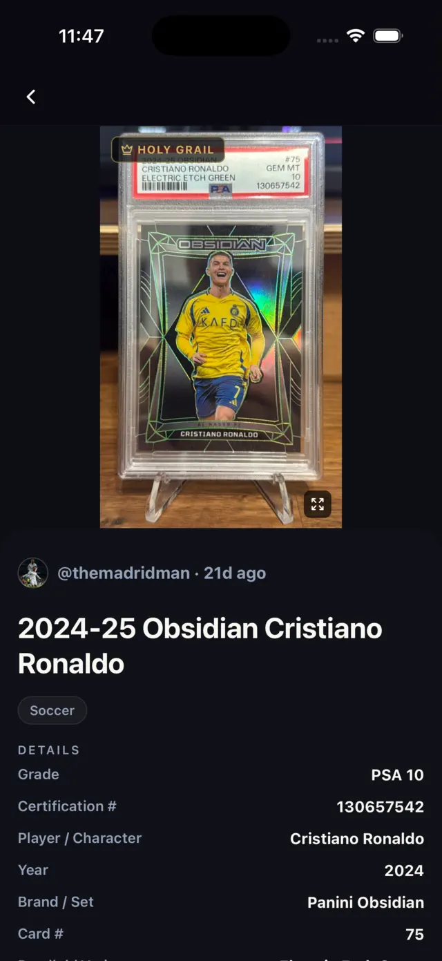 Card detail: Holy Grail label, grade PSA 10, certification number and set